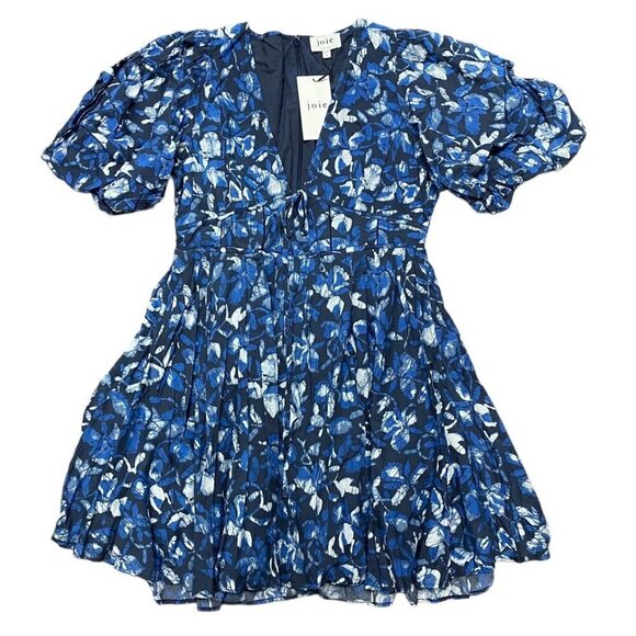 Joie Dress Sz 10 Lucia Blue Floral Mini Deep V-neck Cotton Pockets New - Picture 3 of 10